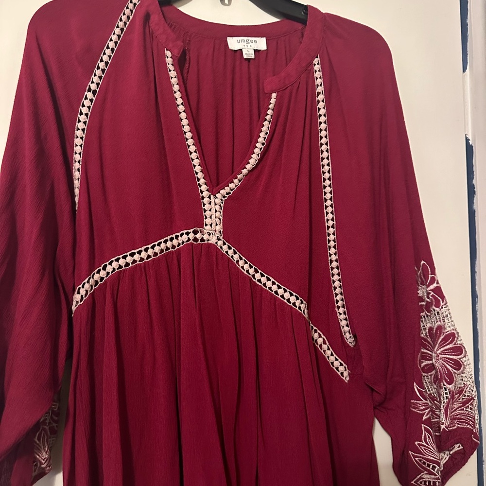 Umgee Burgundy Embroidered Blouse